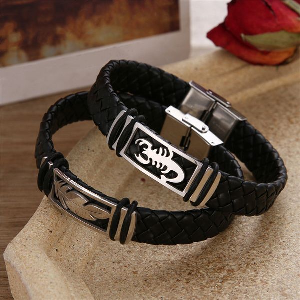 

vintage braid leather stainless steel leaf charm pu leather wristband bracelet scorpion charm accessories prop, Golden;silver