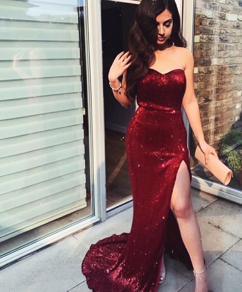 

elegant long sweetheart burgundy evening dresses with slit robe de soiree sweep train side corset back prom gowns vestido de festa for women, Black;red