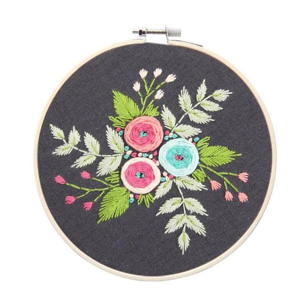 

european flowers diy embroidery ribbon set with frame for beginners kits needlework cross stitch arts crafts, Black