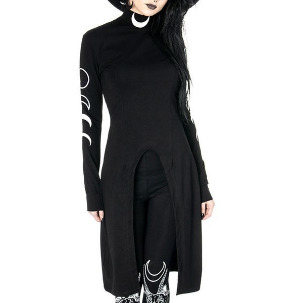 

gothic moon print dresses grunge turtleneck long sleeve mini dress fashion design bottom split black darkness streetwear dress, Black;gray