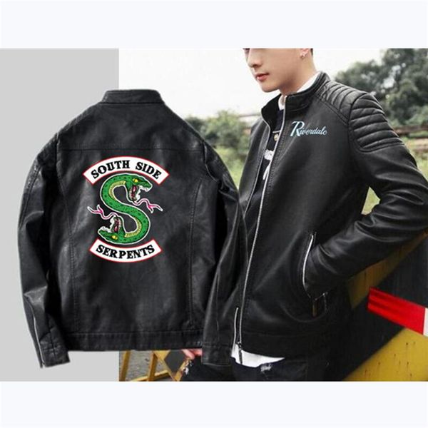 

2019 весна и осень new river valley town печать мужской стенд воротник велосипедист кожаная куртка молодежь дикий повседневная кожа мужчины, Black