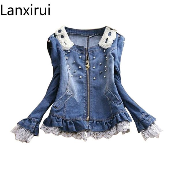 

fast shipping selling wholesale and retail ladies lace jeans coat pearl collar women denim jacket female cowboy wear, Black;brown