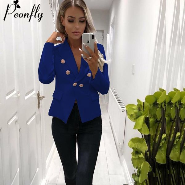 

peonfly fashion 2019 designer blazer jacket women's single breasted metal lion buttons blazer outer size s-xxl bule balck pink, White;black