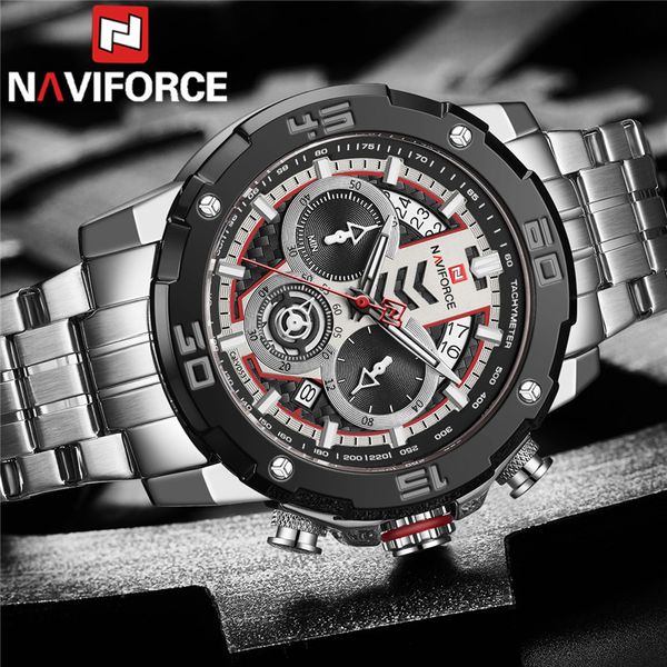 

naviforce new men watch sport chronograph man wristwatch silver stainless steel quartz male clock 9175, Slivery;brown