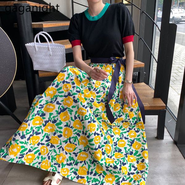 

gaganight fashion women two pieces set knitted patchwork color t shirt flower long skirt lady korean summer suit 2 pieces set, White