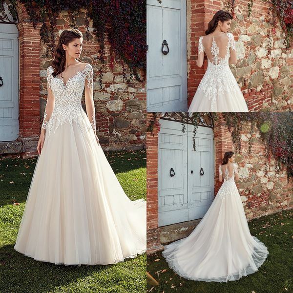 Abiti da sposa in pizzo avorio semplici ed eleganti 2019 Maniche lunghe trasparenti Applicazioni in pizzo Una linea di abiti da sposa in tulle su misura