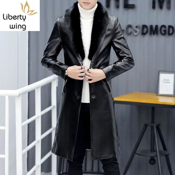 Motocicleta PU Leather Faux Fur Collar Mens inverno coreano manga comprida Único Breasted Fino Masculino Trench Coats Plus Size