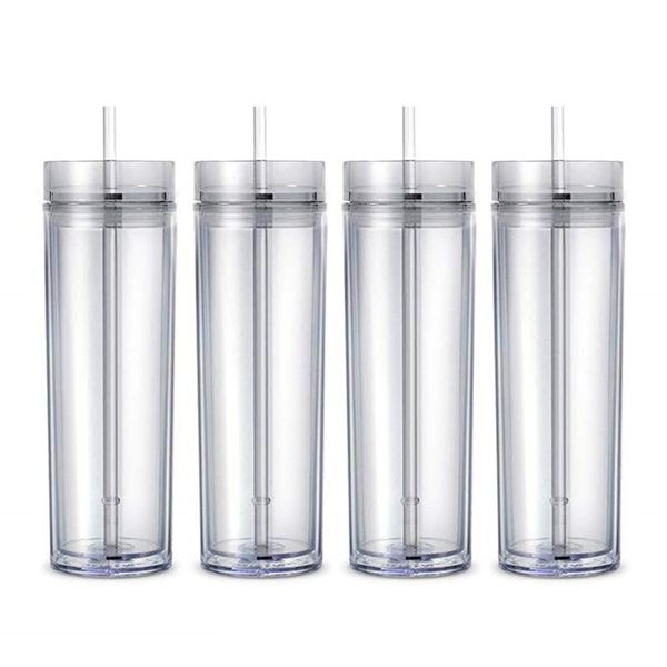 

16oz acrylic straight cup tall skinny tumbler 480ml double wall clear water cups with lid and straw kettle