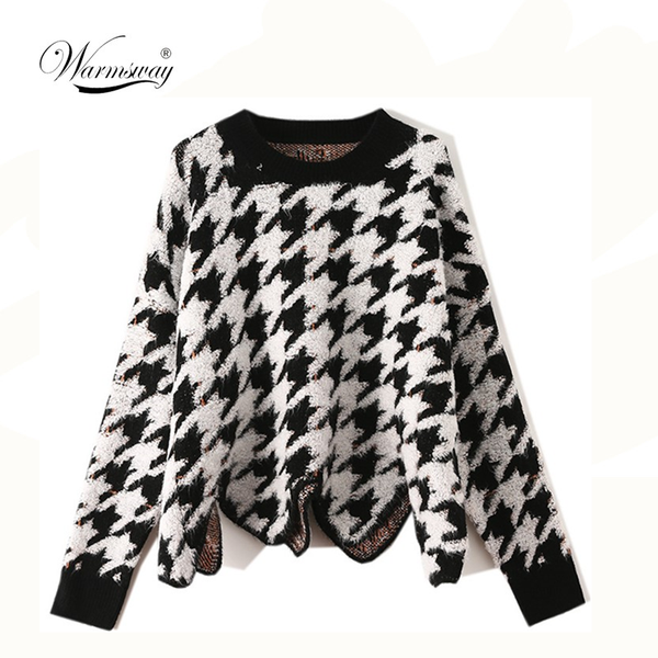

fashion autumn winter houndstooth sweater women pullover irregular casual loose vintage korean female knitted clothes cy-001, White;black