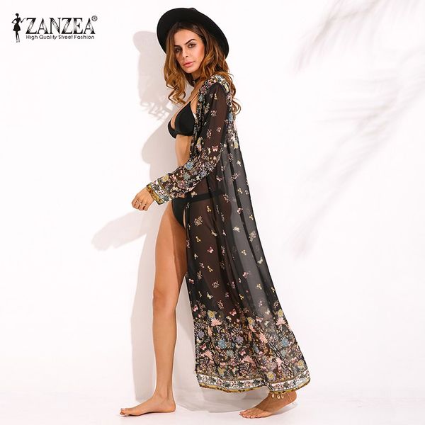 

zanzea womens шифон с длинным рукавом цветочный принт кимоно boho дамы лето пляж cover ups макси длинные топы куртка кардиганы 2017, Black;brown