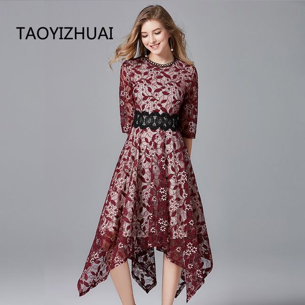

taoyizhuai 2019 new arrival spring vintage style red in white plus size l sashes asymmetrical skinny lace dress for women 14172, Black;gray