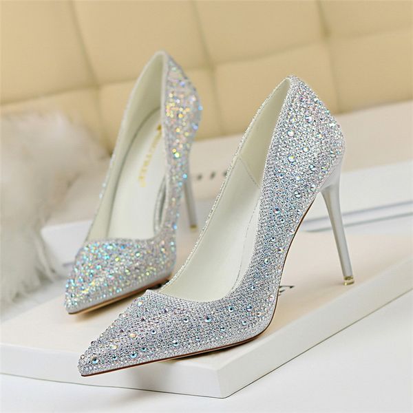 

thin heel fashion crystal wedding shoes 2019 new korean 7 colors women's pointed toe party shoes shallow high heels women, Black