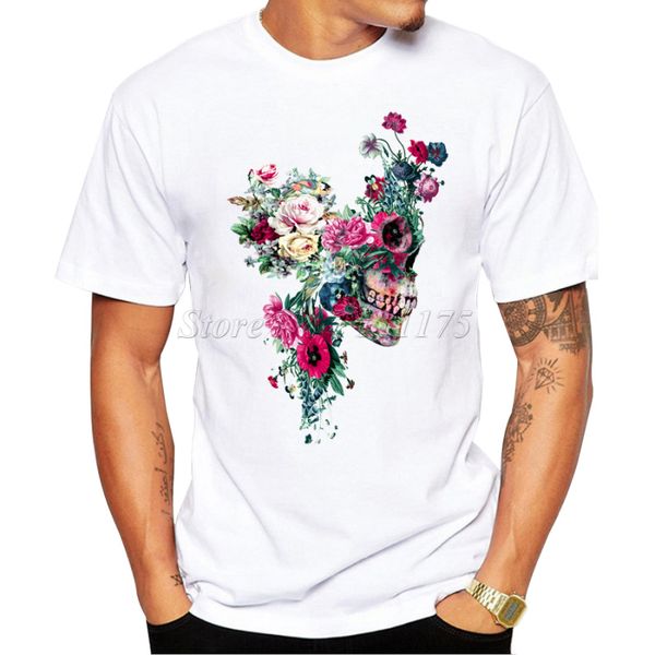

2019 men's summer hipster floral skulls design t shirt popular customized printed fashion tees, White;black