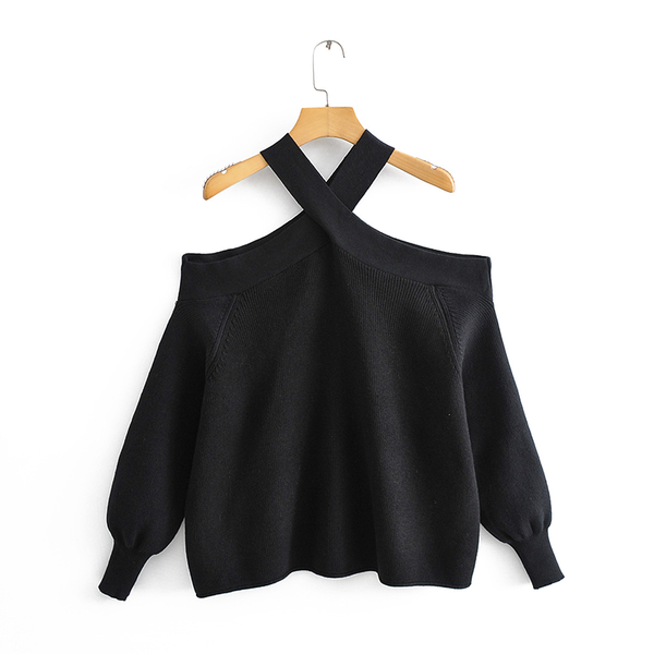 

fashion 2020 women off-shoulder sweater women long-sleeve round neck autumn winter halter knitted pullover casual loose, White;black