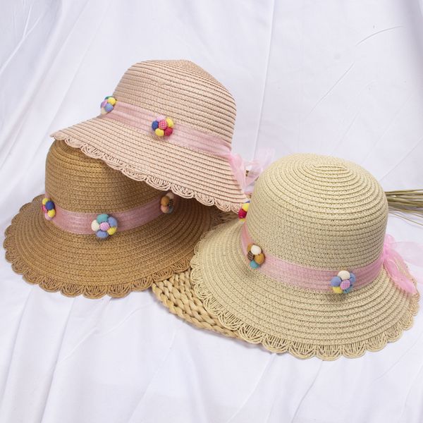 

2020 baby sun hat flower straw hat kids sun block uv protection panama beach for girls boys bone, Blue;gray