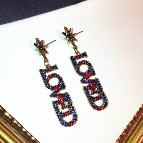 

fashion luxury designer sparkling colorful diamond rhinestone long letter drop chandelier dangle star stud earrings for women girls, Silver