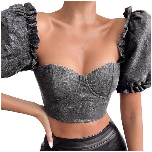 

festival summer crop women's square collar bubble sleeve short open navel zipper ropa mujer cropped feminino, White