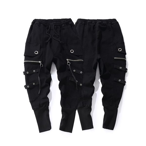 

fashion drawstring casual men joggers black sweatpants ribbon hip hop men streetwear casual trousers cross-pants