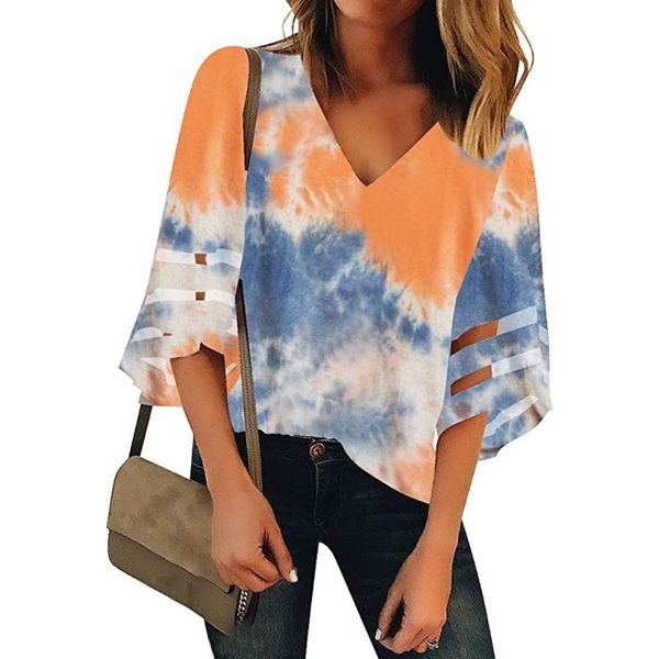 

women's blouses & shirts feitong blouse v neck mesh panel flare 3/4 sleeve loose shirt women blusa streetwear summer, White