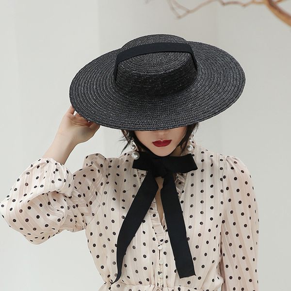 

wide brim black straw hat women long ribbon vintage style summer hats lace-up vacation beach sun hat uv protection visor cap, Blue;gray
