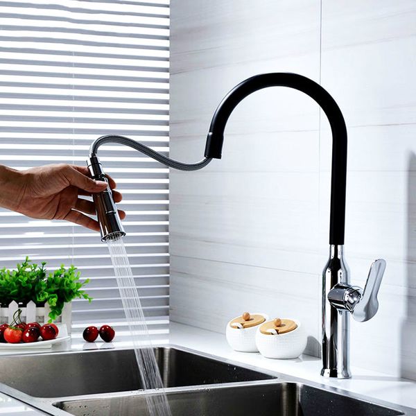 

Pull out Faucet Black & Chrome Plated Brass Kitchen Sink Mixer Tap Cold And Hot Single Hole Rotation Deck mounted