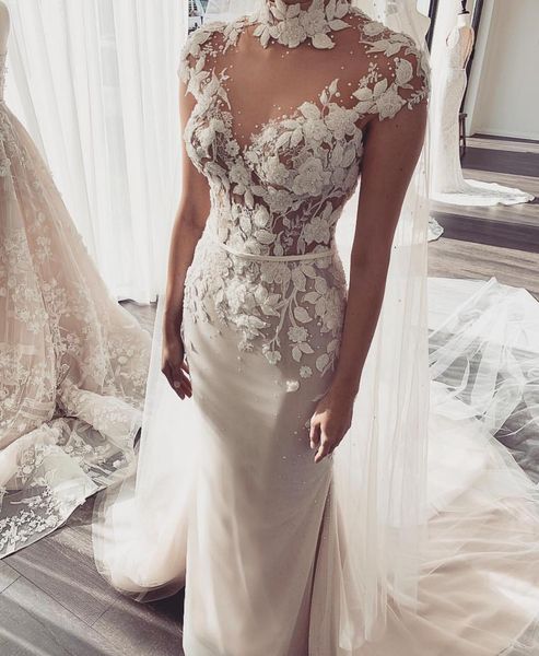 

2019 high neck mermaid wedding dresses lace 3d floral appliques pearls cap sleeves country wedding gowns chapel train beach bridal dress, White