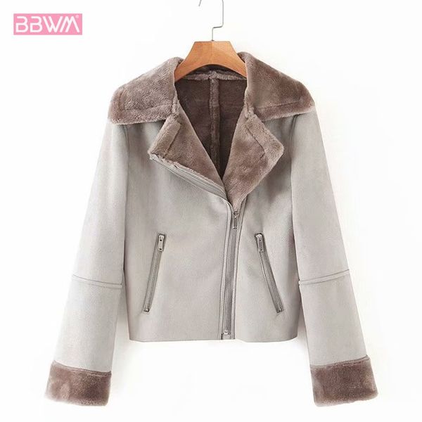 

buckskin long sleeve lapel zipper women's jacket 2019 winter new warm locomotive harajuku female coat fur one retro top, Black;brown