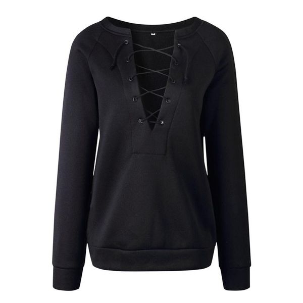 

2018 summer autumn lace up v neck long sleeve pullovers women cotton sweatshirts, Black