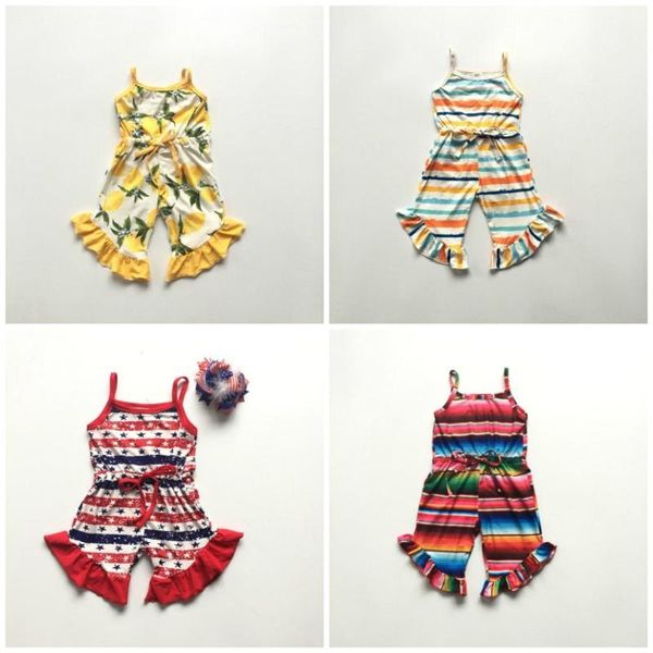

summer baby girl sleeveless cotton serape lemon stripe july 4th ruffle boutique romper tutu clothes one-piece garment jumpsuit, White