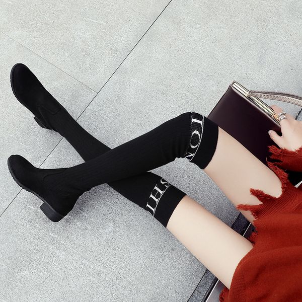 

socks boots women over the knee high boots autumn winter knitted shoes long thigh high elastic slim size 33-43, Black