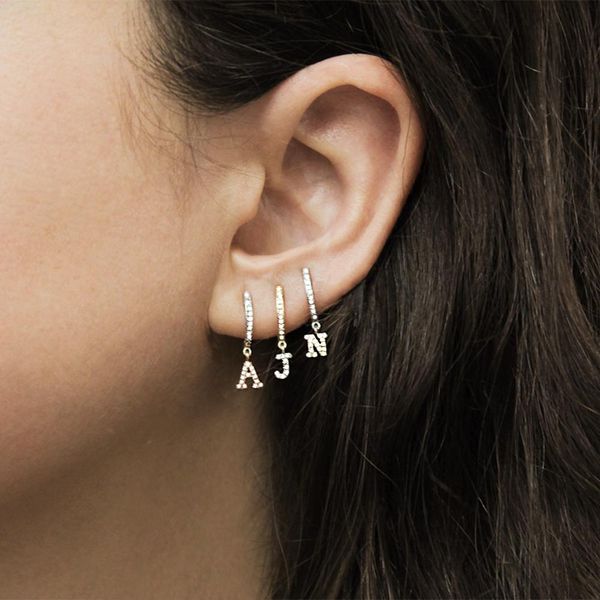 

1 piece gold silver 2 color clear cz 26 initial charm circle dangle drop earring personalized name letter alphabet earrings