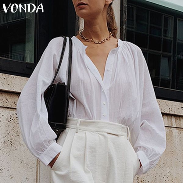 

women's blouses & shirts vonda women blouse 2021 summer tunic casual solid long lantern sleeve office blusas femininas plus size, White