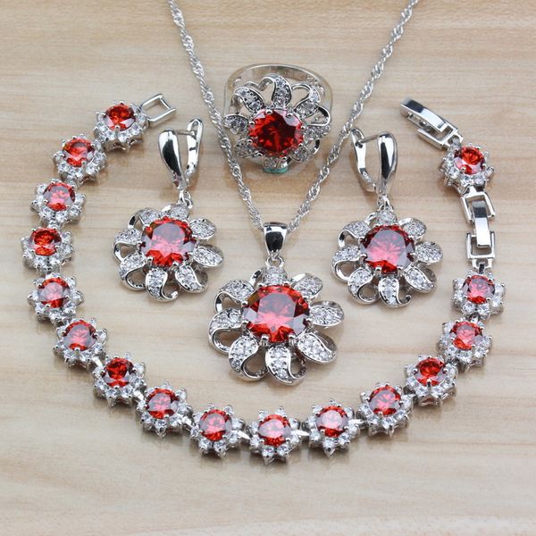 

bridal accessories red garnet white crystal 925 silver women jewelry sets dangle earrings/necklace/bracelet and ring sets, Slivery;golden