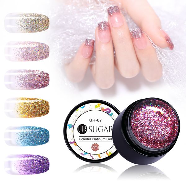

ur sugar 7ml platinum gel nail polish holographic glitter nails gel purple silver nail glue art soak off uv polish, Red;pink