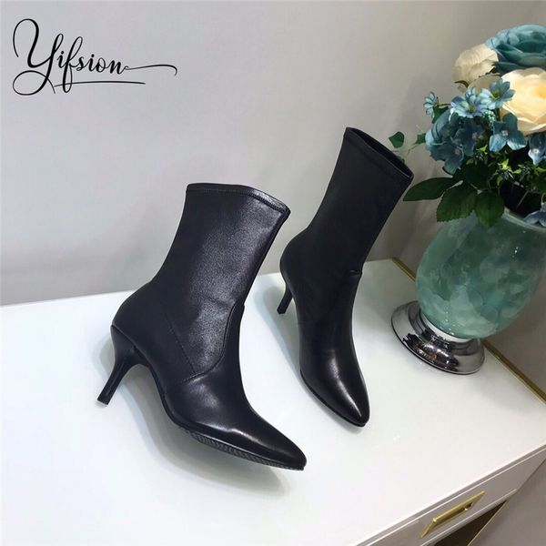 

yifsion new fashion black runway genuine leather women boots pointed toe slip on thin high heel ladies ankle boots shoes woman