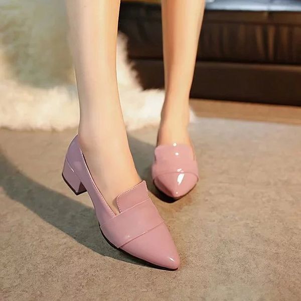 

high heels shoes women pumps patent leather single woman dress shoes thick heels pointed toe leopard female pumps, Black