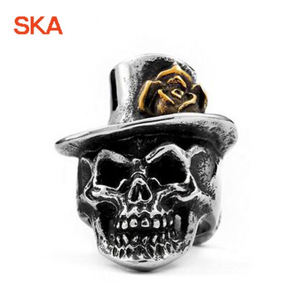 

ska ring men gothic finger anillos biker rings for men titanium steel golden rose skull anelli punk jewelry br8-418, Silver
