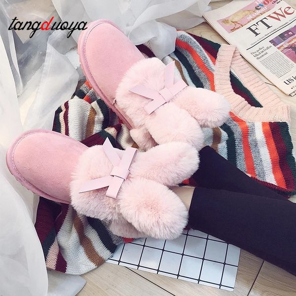 

bowknot shoes ankle boots for women winter shoes snow boots women warm casual winter female flats botas mujer, Black