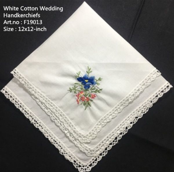 

set of 12 fashion bridal handkerchief white cotton hankies with lace edged and color embroidered floral hanky for bride gifts