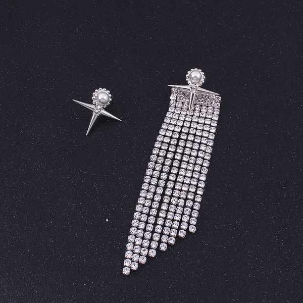 

wholesale- fashion luxury designer full rhinestone diamond asymmetry long tassel pearl stud earrings for women, Golden;silver