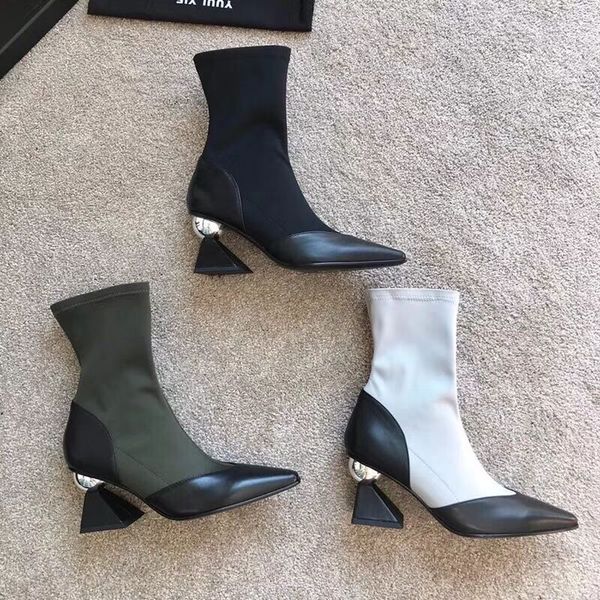 

2019 spring/autumn new designer patchwork pointy toe high heels boots fashion strange heel party boots, Black