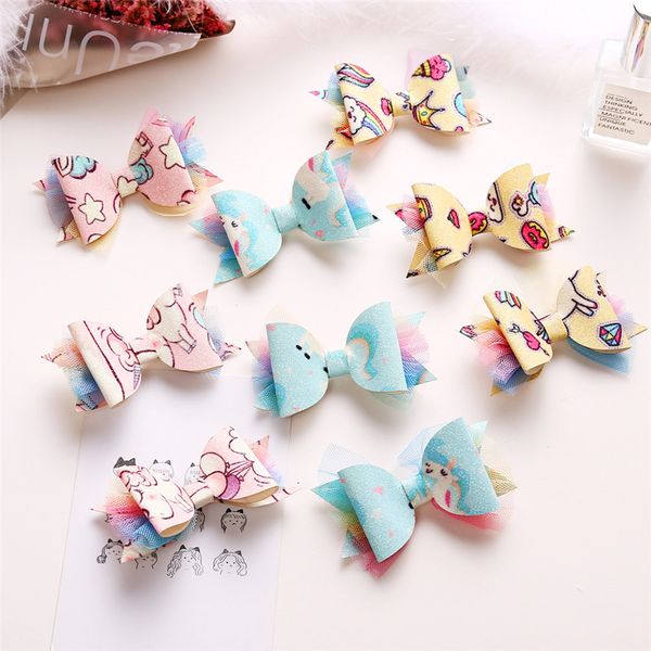 

12pcs/lot cute unicorn printing hair accessories for girls children princess glitter hair bows clips hairpins kids headdress, Slivery;white