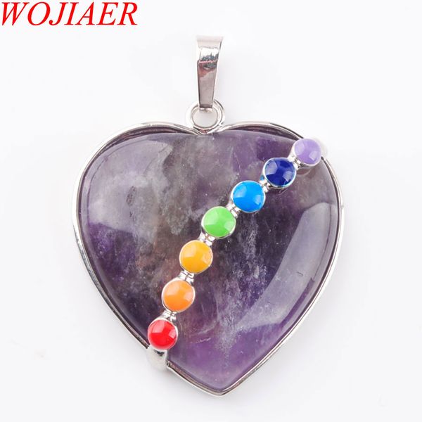 

wojiaer natural amethyst gem stone bead heart silver plated healing reiki chakra pendant necklace charm 1pcs jewelry dn3196