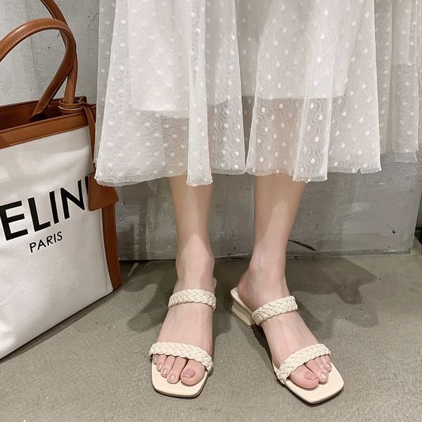 

slippers mid heel women pu leather weave summer chunky sandals plus size 35-43 zapatos mujer, Black