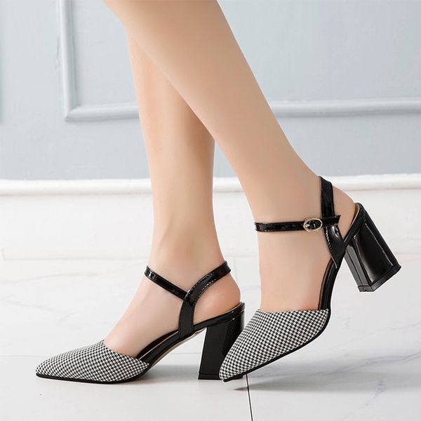 

summer woman pointed toe women's ankle buckle strap sandals women high heels ladies square heel pumps female fashion cloth shoes, Black