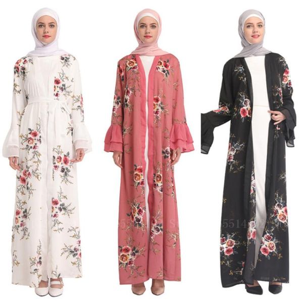 

ethnic clothing female islamic clothes muslim robe for women saudi arab workship flower printed chiffon elegant kimono belt abata kaftan set, Red