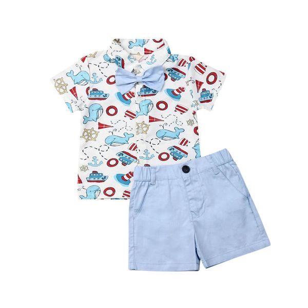 

6m-5t toddler boys gentleman clothes set baby kids formal suit animal short sleeve bowtie shirt+shorts children summer outfit, White