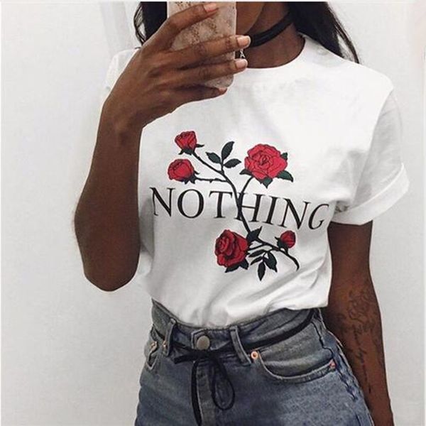 

nothing letter rose print female t shirt harajuku t-shirts women 2017 new summer short sleeve casual clothing punk tee, White