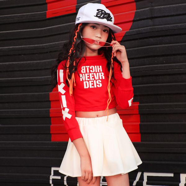 

2019 new style less children modern dance clothing girls hip hop navel jazz dance hip hop performance wear costume fashion, Red;yellow