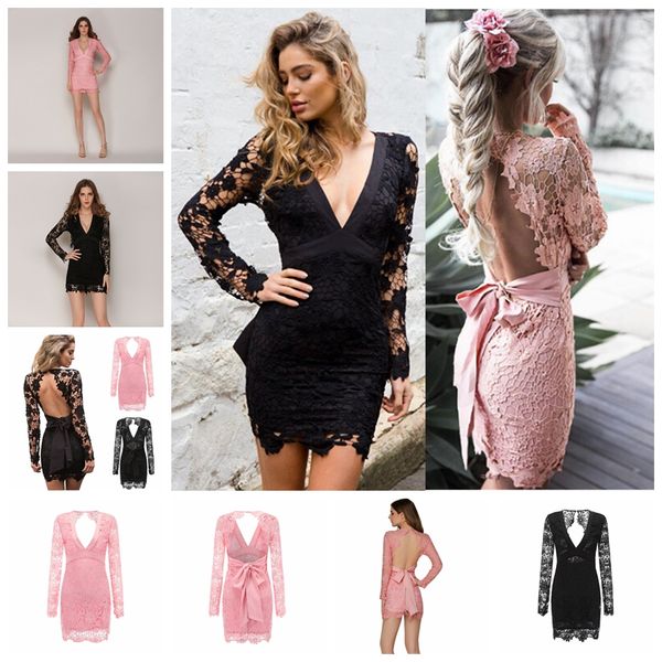 

2019 european elegant solid color deep v open back hollow slim lace dress evening dress, support mixed batch, White;black
